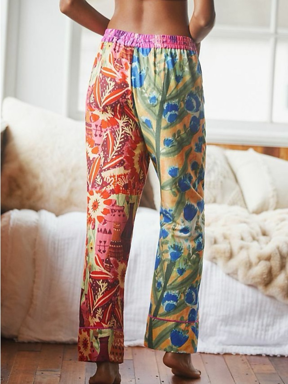 Anthropologie Pink and Orange Floral Drawstring Waist Pants